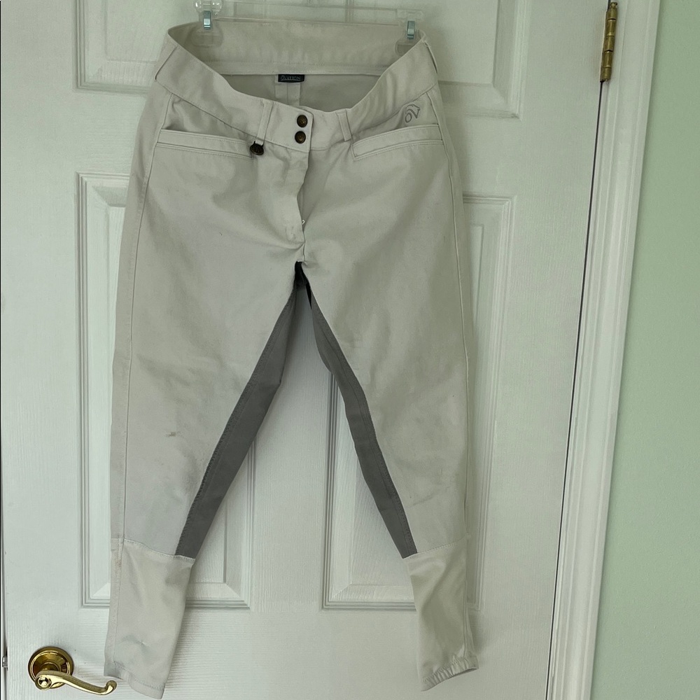 Women's Ovation brand Gray and White riding breeches with suede seat.